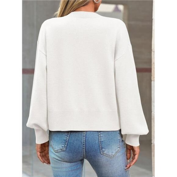 Button-Up Cardigan – Lantern Sleeve Knit Crew Neck Sweater Jacket (Fall Trendy) - Picture 5 of 5